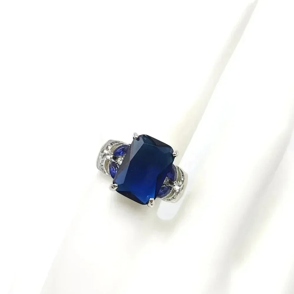 Clear Rhinestone Royal Blue Zircon Engagement Ring Size 9 Silver Tone VTG
